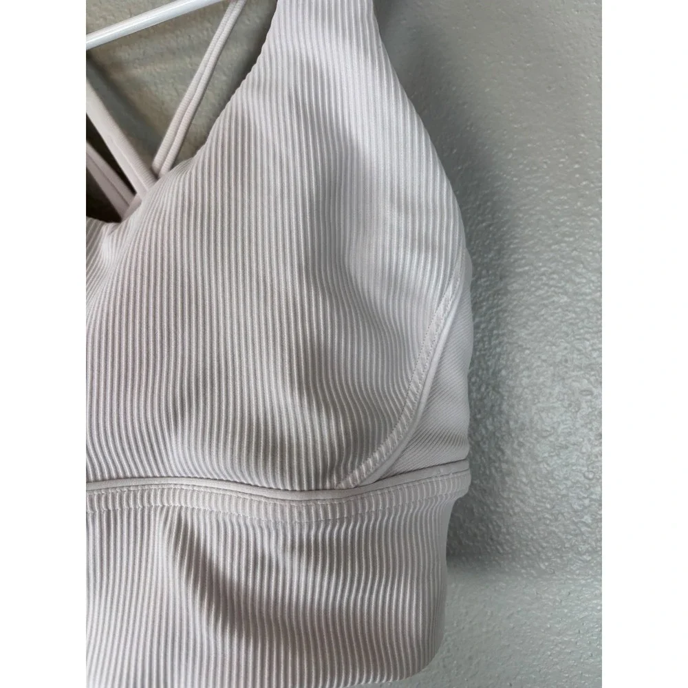 Lululemon Energy Bra Longline Ribbed Pink White Strappy Back Size 10 Medium